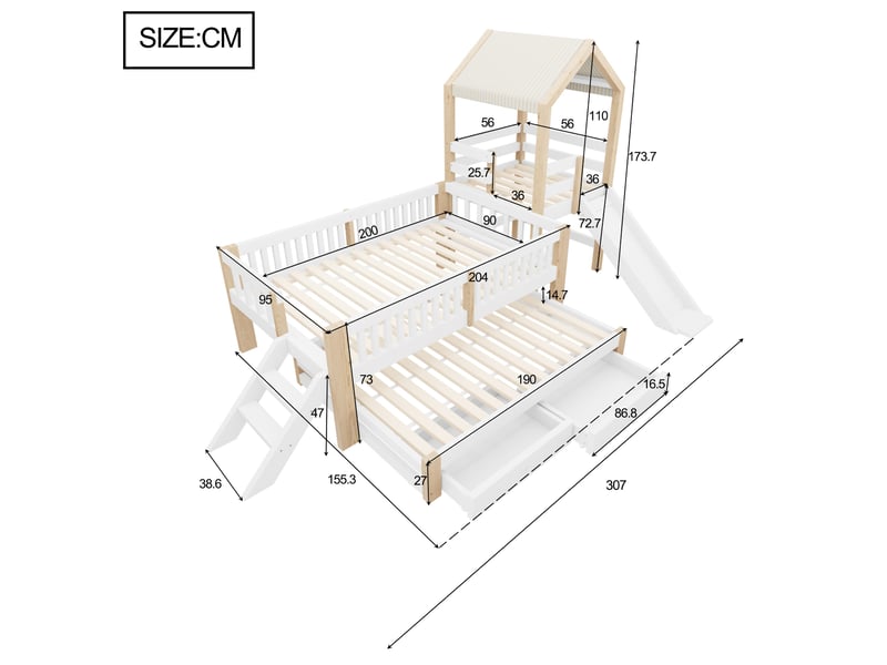  Lit superposé 90 × 200 cm et 90 × 190 cm, toboggan, escalier et 2 tiroirs, sans matelas, bois massif blanc naturel  - Conforama D