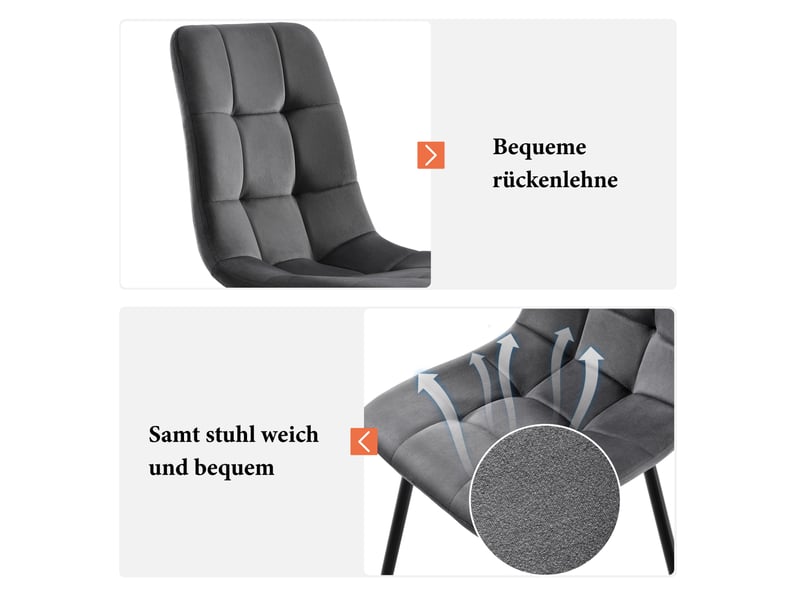 Lot de 4 chaises de salle à manger en velours, chaises rembourrées avec pieds en métal, ergonomie, pour cuisine, salle à manger, salon, chambre à coucher, gris - Conforama R
