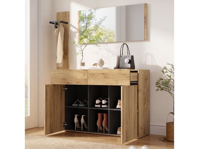  Ensemble vestiaire d'entrée 125x35x178cm - avec miroir et meuble à chaussures - avec cintre - naturel + noir  - Conforama R