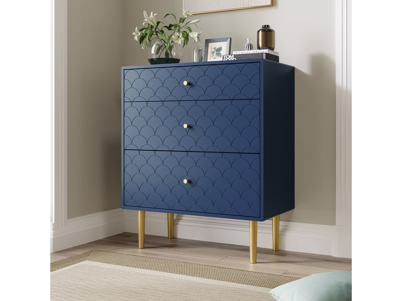  Commode 3 tiroirs bleu marine, meuble de rangement chambre 75x40x89cm, motif écailles, sans matelas.  - Conforama C
