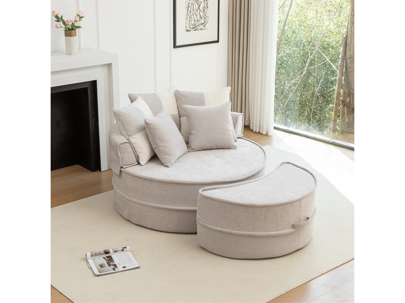  Canapé rond avec 5 coussins et repose-pieds - 163x121x66cm - fauteuil lounge en chenille sans structure de mousse - gris  - Conforama C