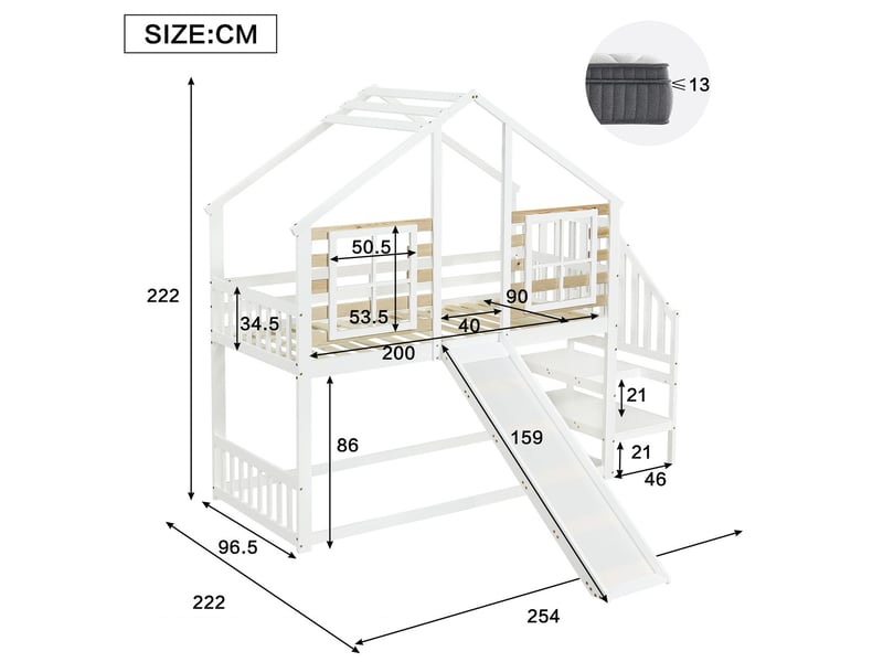  Lit superpose cabane90x200- avec escaliers et toboggans sécurité  - lit superposé - barrière sécurité - protection antichute - blanc  - Conforama C