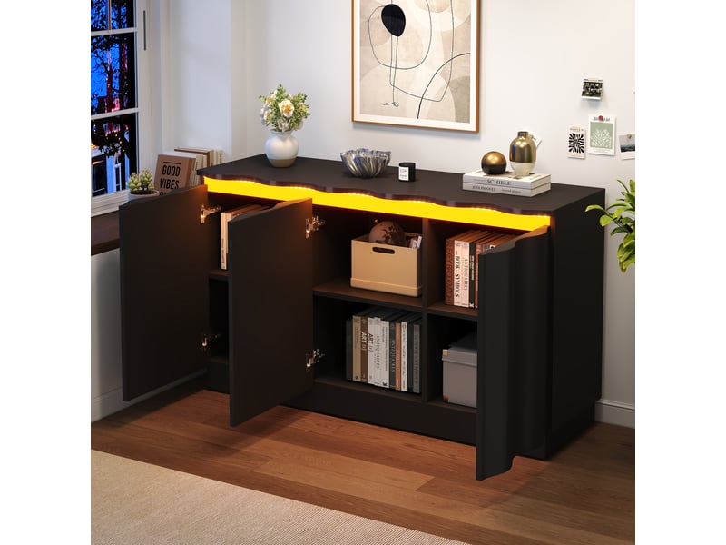  Buffet bas avec led bluetooth et rangements, façade ondulée, noir – 120 cm IKSETERA TRADING LTD - Conforama E