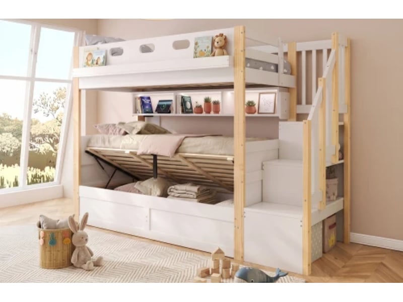  Lit superposé 90×200+90×200cm, lit gigogne hydraulique, led + usb + escalier, bois massif, blancnaturel  - Conforama B