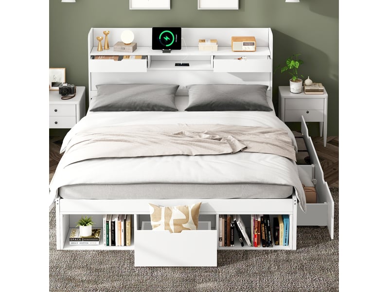 Lit enfant et adolescent 160 x 200 cm blanc avec rangements et ports usbtype-c - Conforama C