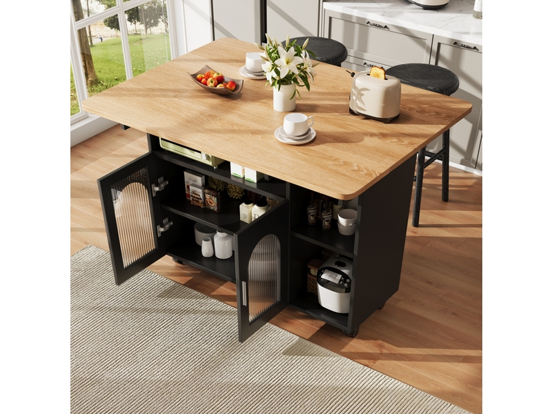  Desserte de cuisine 120 cm à plateau rabattable, rangement et roulettes, noir naturel  - Conforama D
