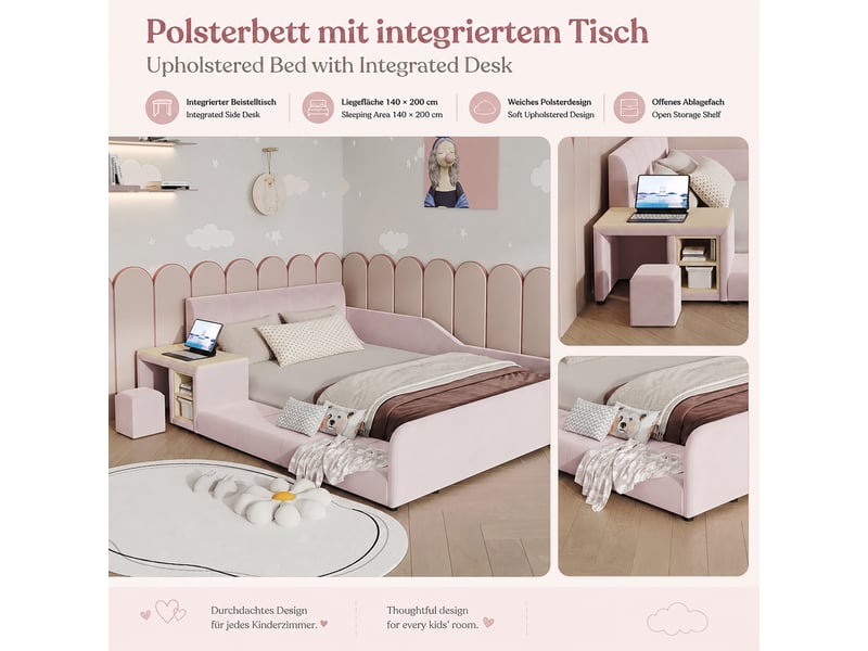 Lit rembourré- lit simple 140x200cm- lit d'enfant avec bureau d'enfant- tabouret et lattes en bois- velours- rose - Conforama D