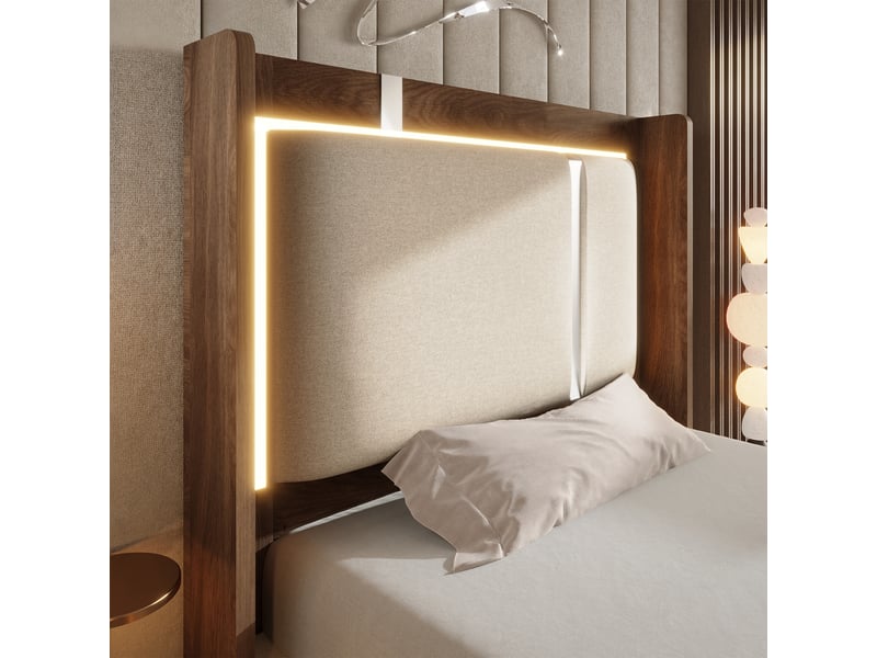  Lit coffre 90x200 beige en lin, tête rembourrée avec led, sommier à lattes et rangement  - Conforama W