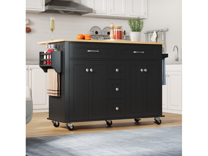 Desserte de cuisine 140x65x89 cm noire et naturelle avec plateau rabattable, 5 tiroirs - Conforama D