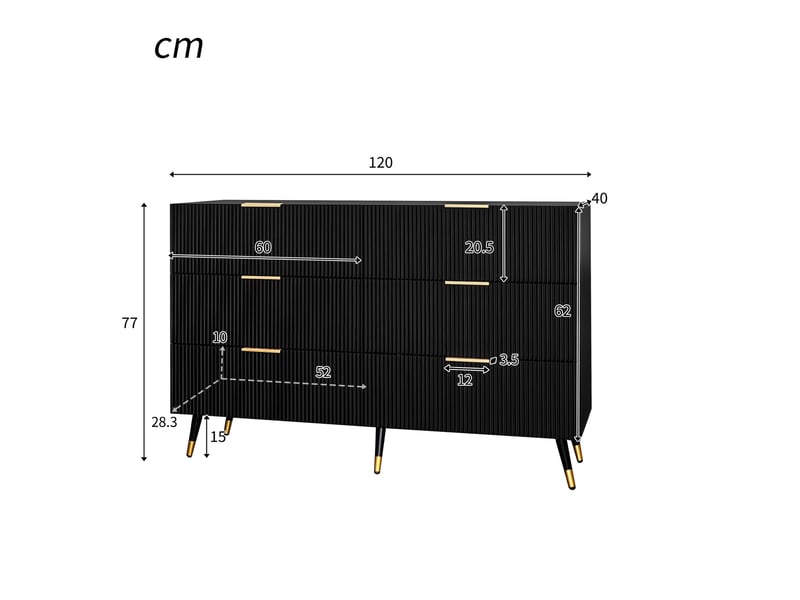  Buffet 6 tiroirs – design moderne noir et doré – 120 x 40 x 77 cm  - Conforama D