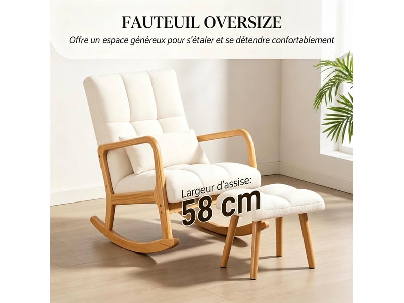  Fauteuil à bascule bouclette avec repose-pieds blanc pour salon  - Conforama D