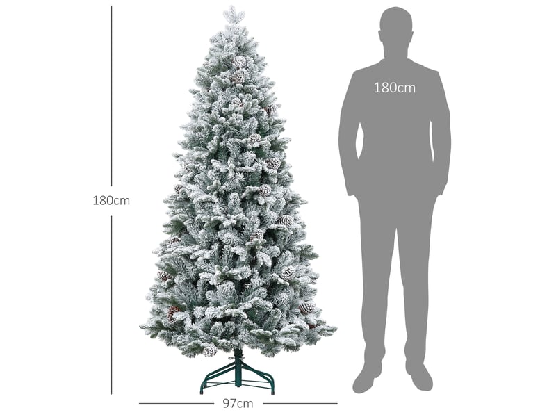  Sapin de noël artificiel 180 cm arbre de noël avec support en métal 1489 branches enneigées, pommes de pin, vert  - Conforama E