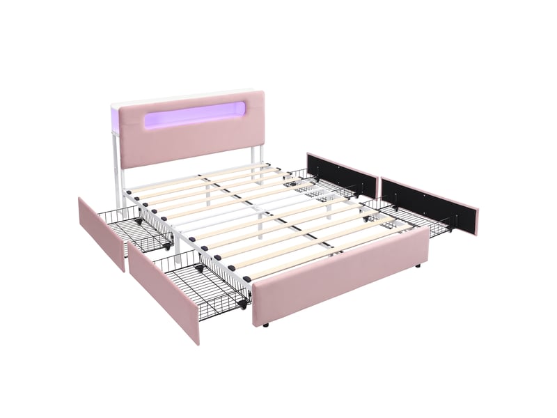  Lit enfant rembourré 140x200 cm rose avec 4 tiroirs, rangements et led app  - Conforama E