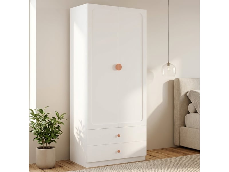  Armoire 90x45x200 cm, porte armoire avec 2 tiroirs, tringle, poignée en bois, couleur blanc  - Conforama E