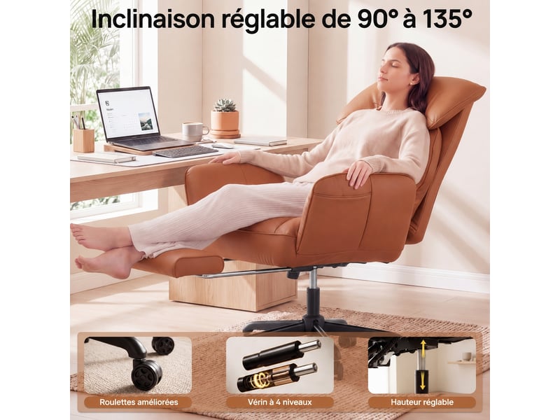 Fauteuil de bureau ergonomique,dossier inclinable 90°-135,repose-pieds,hauteur réglable,cuir pu,marron - Conforama E