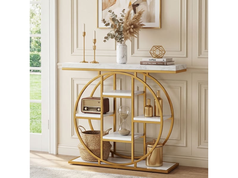  Console design industriel arrondi 5 étagères épais plateau métal doré effet marbre blanc  - Conforama B