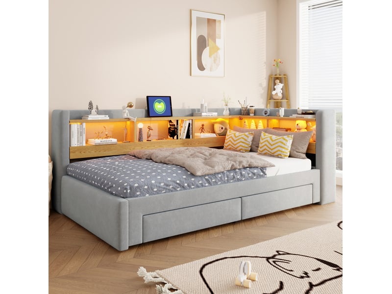 Lit gigogne 90x200 cm gris en velours, couchage extensible 180x200 cm avec tiroirs led et prise intégrée - Conforama B