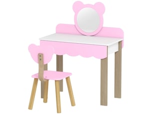 Coiffeuse enfant rose avec tabouret, miroir maquillage, forme ours, tiroir, mdf