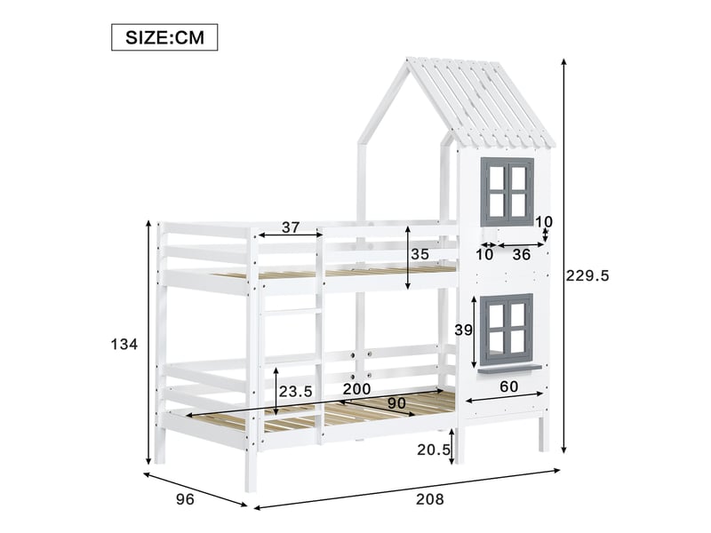 Lit superposé enfant 90x200 cm avec échelle, barrières et fenêtres, blanc - Conforama C