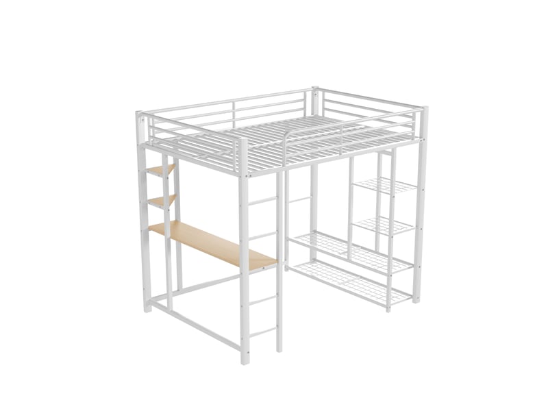 Lit mezzanine avec bureau et penderie, métal blanc, 140x200 cm, échelle et rangements intégrés - Conforama E