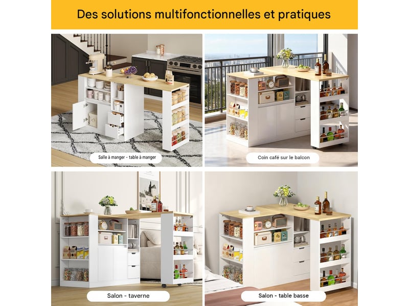  Îlot de cuisine avec plan de travail extensible mdf blanc et naturel 115x50x92 cm - pangivo  - Conforama D