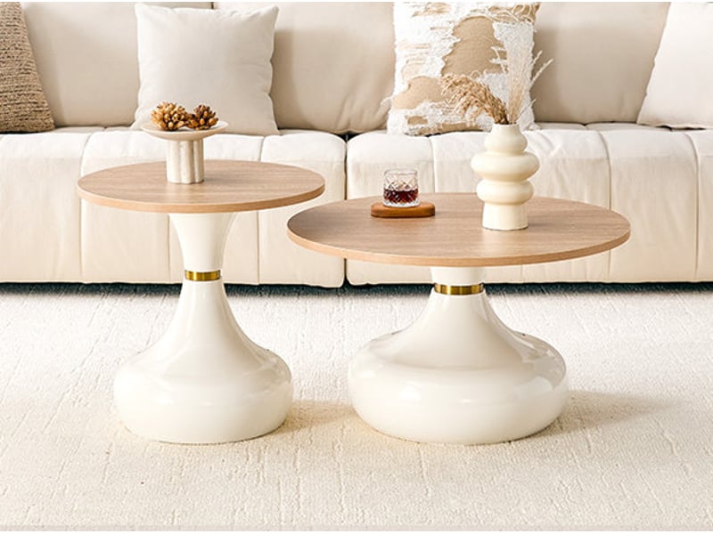  Lot de 2 tables basses gigognes avec plateaux en mdf aspect travertin et bois, piètement métal blanc  - Conforama D