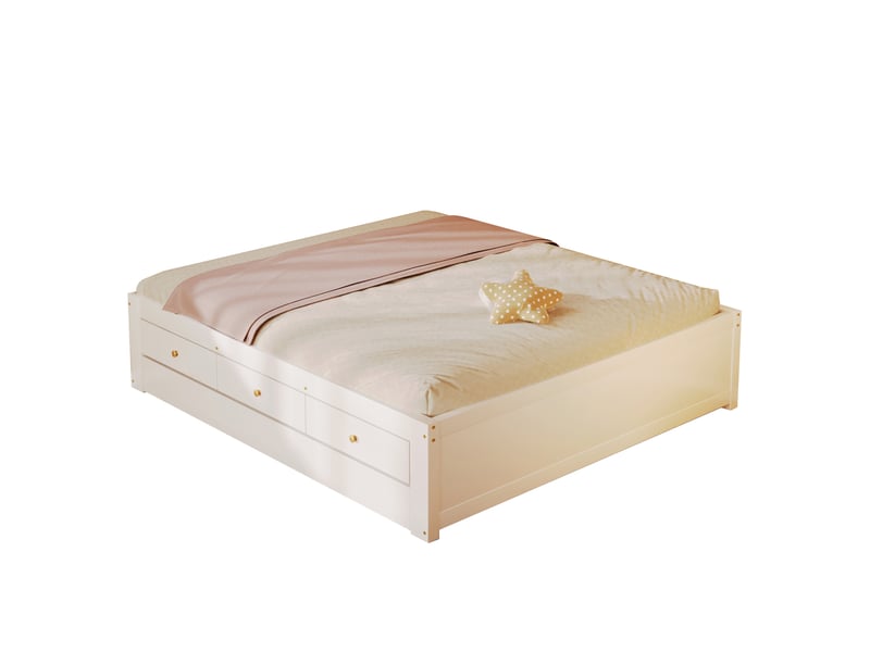  Lit 140x200 cm avec 3 tiroirs lit d’appoint coulissant, lit gigogne en mdf et bois couleur blanc sans matelas  - Conforama A