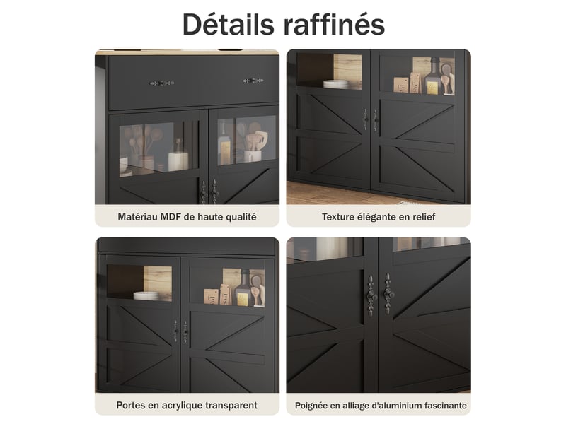  Ilot cuisine, buffet de cuisine avec rangements intégrés, plateau extensible, pivotant à 360°, dimensions 138 à 204 x 39 x 104 cm, mdf, noir  - Conforama E