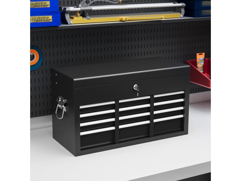 Caisse à outils en acier rouge et noir 60 × 26 × 34 cm, 6 tiroirs, serrure et poignée, rangement sécurisé - Conforama B