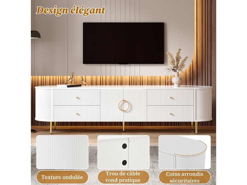  Meuble tv avec tiroirs, double porte et passe-câbles pour salon 180×40×38 cm en mdf blanc  - Conforama D