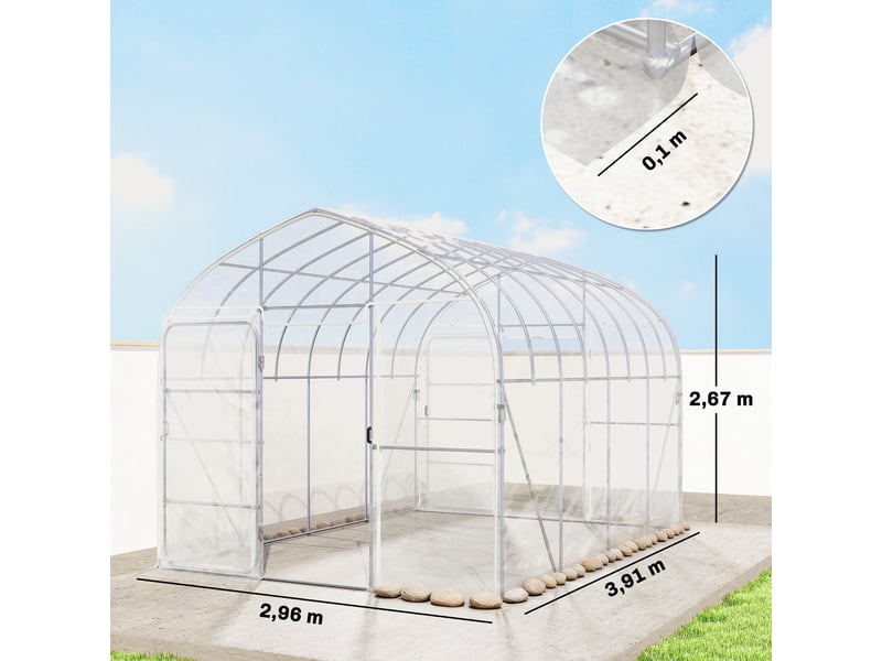  Serre tunnel de jardin 12m² film po anti-goutte acier galvanisé 25mm structure renforcée 2 portes battantes transparent  - Conforama E