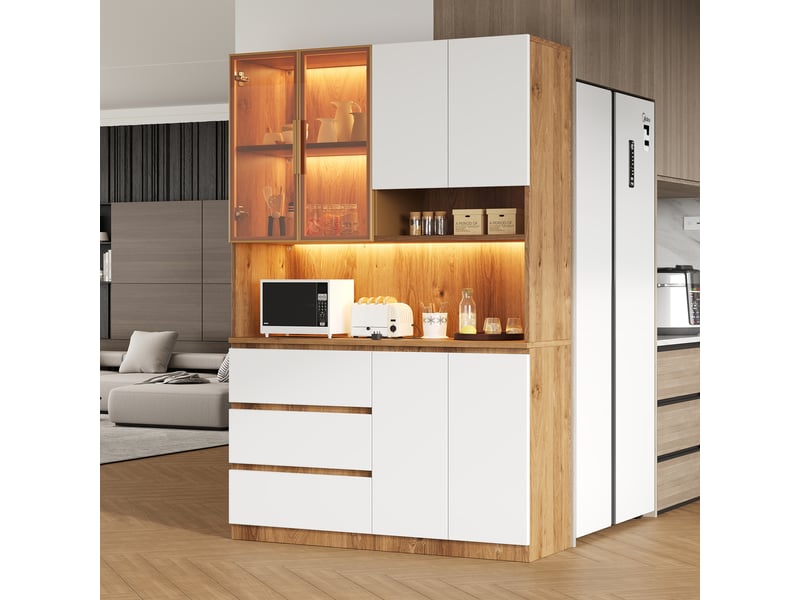  Buffet haut led 120,5 x 40 x 180 cm meuble de rangement cuisine avec 6 portes, 3 tiroirs et espace micro-ondes, blanc bois naturel Radiant Stride - Conforama D