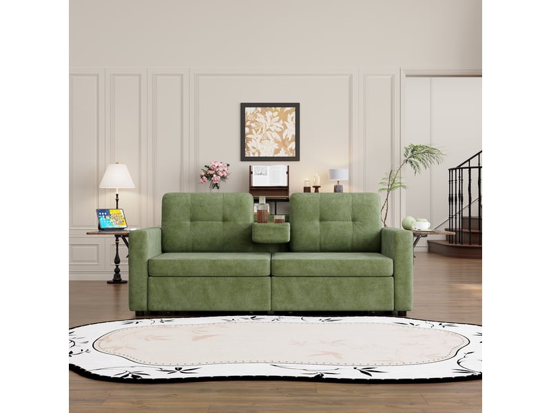 Fauteuil 2 places - 178x71x57.5 cm - canapé en tissu chenille avec table pour ordinateur, tiroirs et porte-gobelets - vert - Conforama D