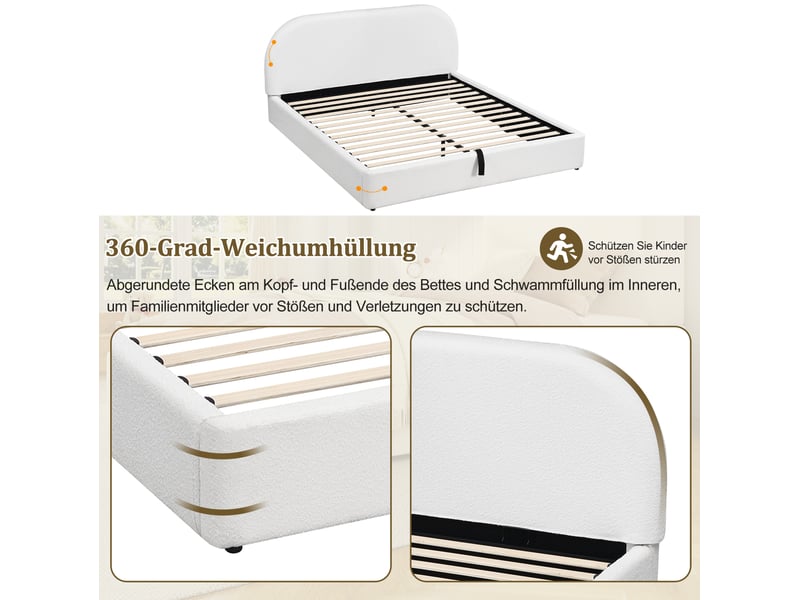  Lit coffre double 180x200 cm, ouverture hydraulique, sommier à lattes, avec matelas, tissu bouclé beige  - Conforama E