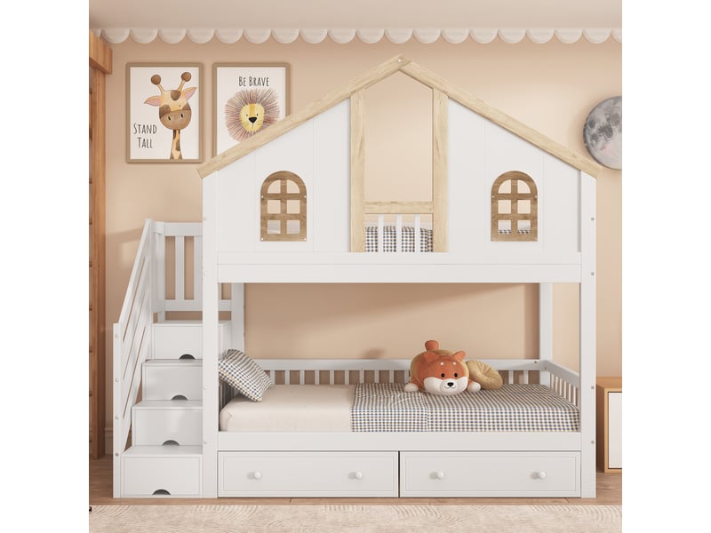 Lit superposé enfant 90 × 200 cm 2 places avec escalier coffre et tiroirs, sans matelas, en bois, blanc et naturel - Conforama C