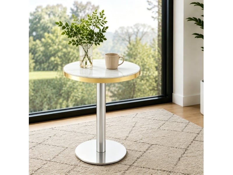  Table basse fixe ronde effet marbre avec plateau bord doré et piètement central en métal pour salon blanc 60 × 73,7 cm  - Conforama B