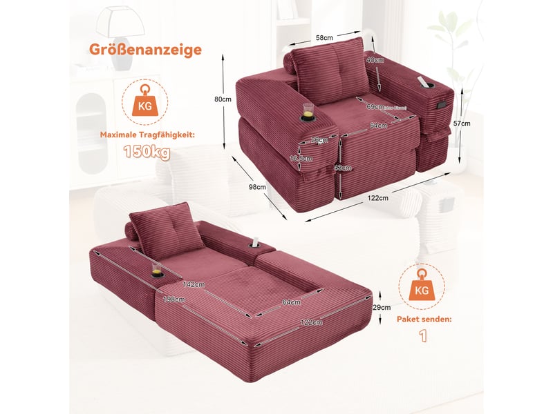  Canapé convertible 2 places en velours côtelé bordeaux avec tiroir de rangement et porte-gobelet  - Conforama C