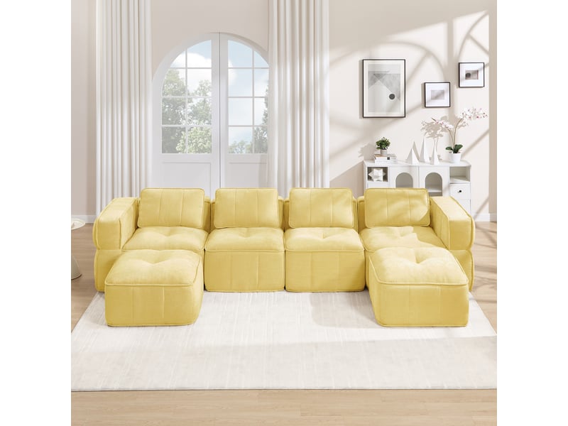 Canapé panoramique en u modulable 4 places avec 2 poufs - lpospi - sans structure, polyester - jaune  - Conforama B