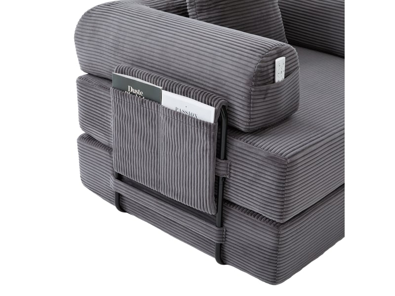  Canapé modulable 4 places en velours côtelé gris foncé avec pouf, poche latérale et design convertible  - Conforama D