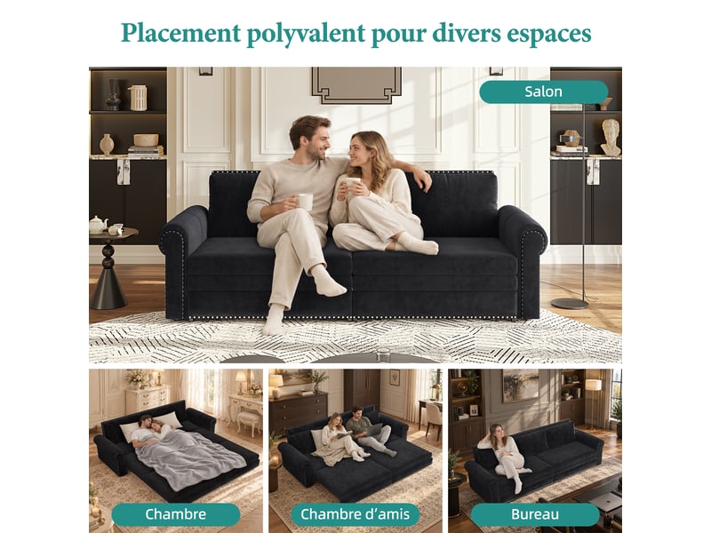  Canapé convertible 3 places noir en velours avec accoudoirs arrondis, 238 cm Fay Lum - Conforama E
