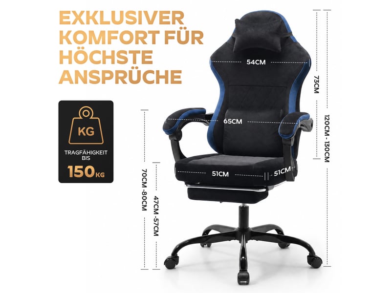  Fauteuil gaming réglable noir et bleu avec repose-pieds, dossier inclinable et coussins  - Conforama B