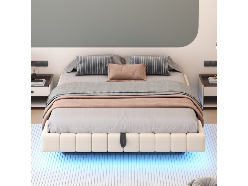 Lit coffre 180x200 cm beige lin, sommier relevable hydraulique, tête de lit led, structure tapissée - Conforama D