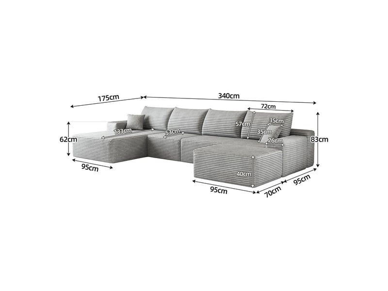  Canapé modulable d’angle en mousse 340 cm, méridienne en l, velours côtelé, assise profonde – gris IKSETERA TRADING LTD - Conforama C