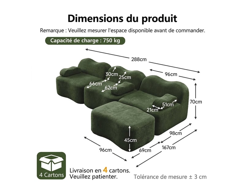  Canapé d'angle modulaire 3 places en velours vert - assise profonde 288 cm avec ottoman  - Conforama C