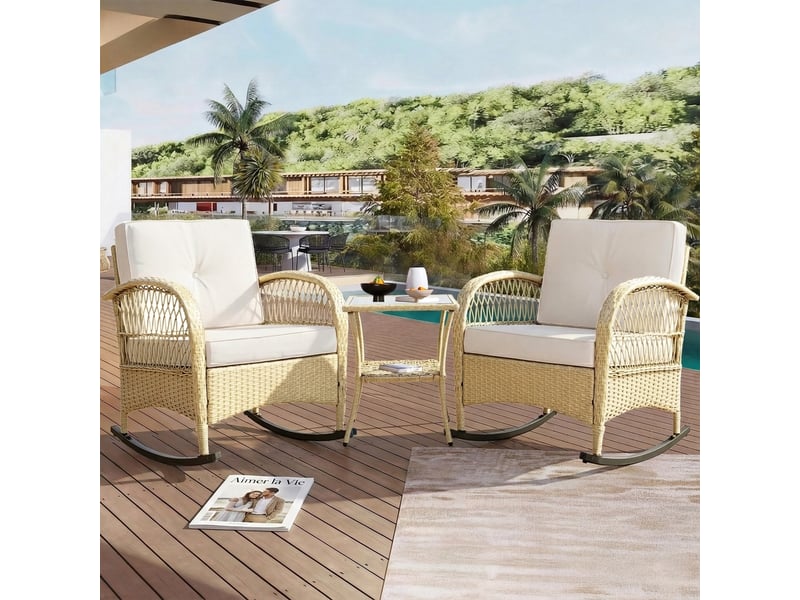  Ensemble de balcon en rotin, 3 pièces, comprenant 2 fauteuils à bascule, une table en verre, des coussins beiges, résistant aux intempéries, capacité de charge 160 kg  - Conforama E