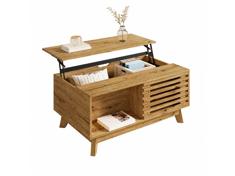  Table basse relevable effet bois avec rangement et porte persienne coulissante, 90 x 55 cm  - Conforama A