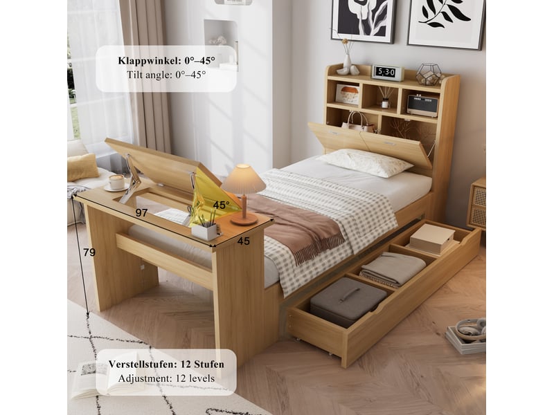 Lit simple enfant 90x200 cm – naturel – rangement, tiroir réversible et table rabattable – sans matelas  - Conforama E