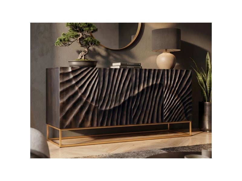 Buffet silva 177 cm en bois massif de manguier noir sculpté – 4 portes et piètement doré - Conforama B