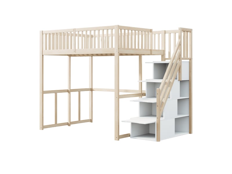  Lit mezzanine 140x200 cm avec échelle de rangement, cadre de lit adulte en pin avec sommier à lattes, lit double, bois naturel  - Conforama B