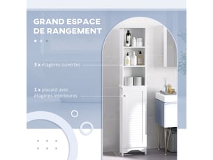 Meuble colonne salle de bain 3 niches placard persienne porte 3 étagères mdf panneaux de particules blanc